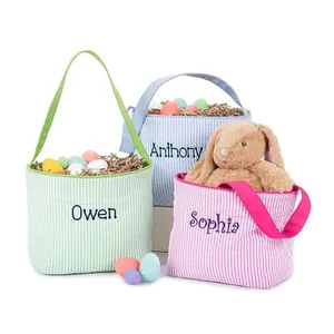 Seersucker-cesta de Pascua personalizada para niños, cesta de almacenamiento de huevos y dulces, bolsa de mano con monograma, Cubo de Halloween, venta al por mayor