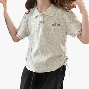Camiseta Polo de Manga Corta para Niñas, Colección Verano 2026, Top Corto con Ribete de Encaje para Niñas Mayores, Ajuste Delgado, Manga Media, Estilo Casual - Product Image 3