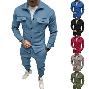 Mode solide couleur Streetwear salopette bouton pression veste pantalon ensemble pour moi en gros automne décontracté deux pièces ensemble homme vêtements