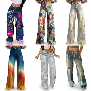 <span class=keywords><strong>Jeans</strong></span> en denim déchirés et peints taille haute coupe bootcut avec ceinture pour femme, pantalon ample amincissant à graffiti personnalisé, vente en gros - Product Image 1