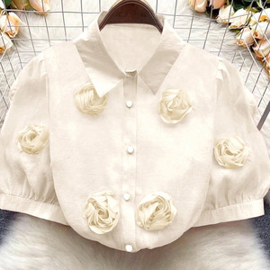 Camiseta sin mangas para mujer con estampado floral 3D, mangas abullonadas, corte regular, color liso, poliéster, antiencogimiento, para uso diario, rosa, albaricoque, azul - Product Image 3