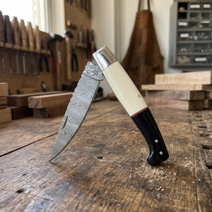 Damascus Folding Utility <b>Knife</b> Industrial Grade 3-Year Warranty <b>Bone</b> and Bull Horn <b>Handle</b> for Retailers - Product Image 5