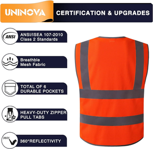 <span class=keywords><strong>Gilet</strong></span> de sécurité haute visibilité UNINOVA, orange, en maille, classe 2 ANSI, réfléchissant, avec poches et fermeture éclair, pour hommes et femmes, <span class=keywords><strong>travaux</strong></span> de construction - Product Image 2