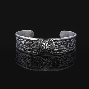 yunnique Nordic <b>Viking</b> Stainless Steel <b>Bracelet</b> Antique Silver Men's Open Cuff Snowflake Design Vintage Distressed Rune Pattern - Product Image 2