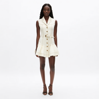 Nouvelle Robe Mini Femme en Jean Blanc Cassé à Col Pointu, Boutonnée, avec Surpiqûres Contrastantes, Ceinture et Volants, Style Skater, Personnalisable, Vente en Gros