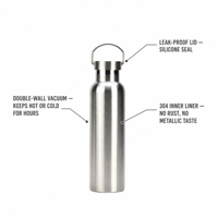 Bouteille d'eau sport légère en acier inoxydable avec couvercle à poignée de transport, récipient portable en métal pour boissons, idéale pour le camping en extérieur