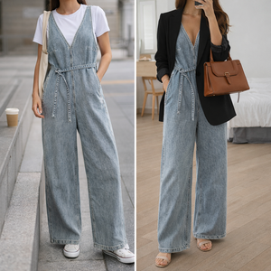 Combinaison en jean pour femme sans manches, col en V, taille haute, coupe droite, pantalon long, ceinturée, bleu clair délavé - Product Image 3