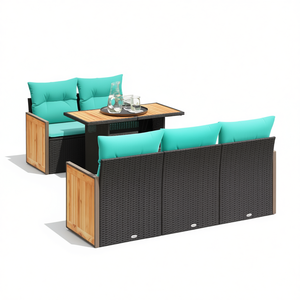 Black Poly Rattan Acacia Garden <b>Sofa</b> <b>Set</b> With Cushions Outdoor Furniture Contemporary Style - Product Image 1