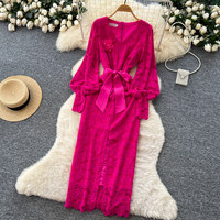 Robe élégante pour femmes, col en V, manches longues, dentelle, avec nœud à la taille, applique florale, robe midi décontractée pour tous les jours et les soirées