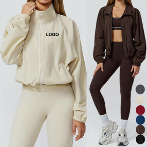 Ensemble 2 pièces de vêtements de sport pour femme : veste de yoga à col montant, fermeture éclair frontale, logo, manches longues, zippée, séchage rapide - Product Image 1