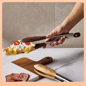 9inch 12inch Stainless Steel Food Tongs <b>BBQ</b> Grilling Tongs Buffet Roast Meat Tongs Plum Blossom Head Walnut Wood Utensil - Product Image 2