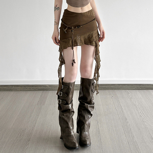 กระโปรงมินิสั้นทรงเรโทรแต่งระบายแบบไม่สมมาตรสำหรับผู้หญิง ประดับลูกปัด แต่งเชือกผูก ดีไซน์แบบปะติดปะต่อ เซ็กซี่เก๋ไก๋ - Product Image 1