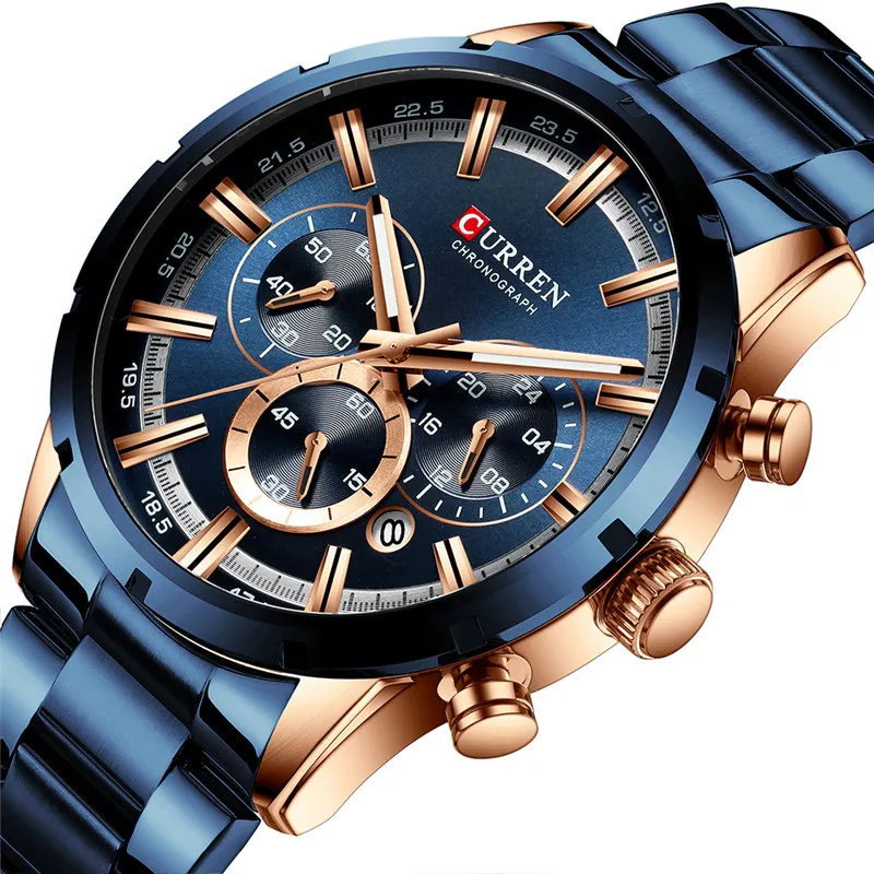 Curren 8355 Mens Watches Top Brand Luxury Blue Steel Quartz 2019 Chronograph Luxury Men Watch Blue Steel Men's Watch Blue Dial