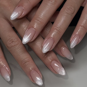 Nouveau design Faux ongles longs brillants <span class=keywords><strong>rose</strong></span> nude amande, faux ongles blancs scintillants pailletés ombrés minimalistes simples à presser pour nail art - Product Image 1