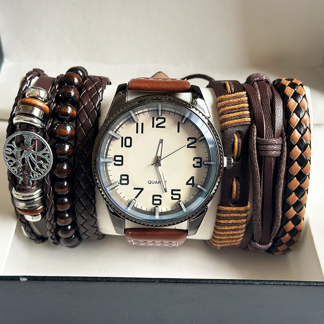 2026 Luxury OEM Sport Men's Round Brown Leather Quartz Watch Fashion Big Watch Dial Men Watch Set Montre Femme