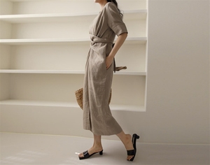 Abito Midi a manica media personalizzato con nodo avvolgente minimalista, realizzato in lino, ideale per uscite Casual alla <span class=keywords><strong>moda</strong></span> - Product Image 2