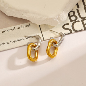 ต่างหูห่วงสแตนเลสชุบทองรูปตัวยูดีไซน์เรขาคณิตเครื่องประดับแฟชั่นสตรี - Product Image 2