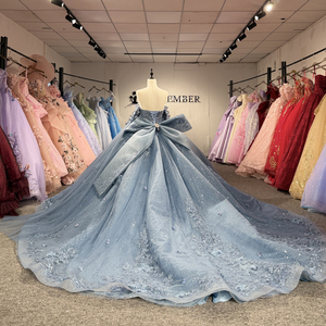 Robe de Quinceañera de luxe Lsbb61 bleu poussière, avec appliques florales perlées, en tulle scintillant, coupe princesse, Jancember - Product Image 5