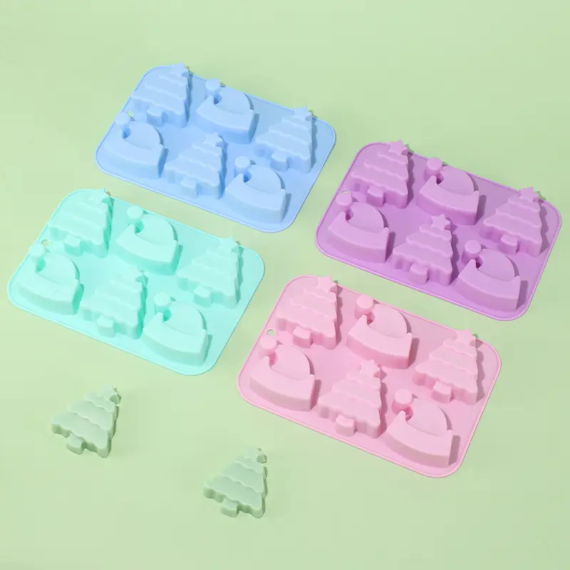 Aosu Giá Dưới 6 khoang hat Cây giáng sinh khuôn mẫu dễ dàng loại bỏ thạch bánh khuôn Silicone trang trí Giáng sinh Cookie cutter