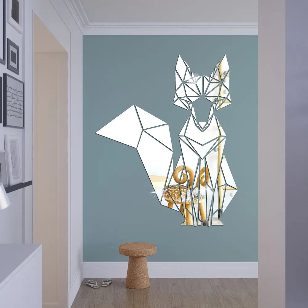 3D Geometric Pattern Fox Gold Silver Acrylic Mirror Wall Paste Animal Wall Sticker Art Decor For Bedroom Living Room
