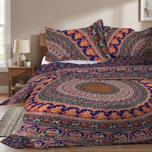 Drap plat en coton imprimé mandala ethnique, respirant, pour toutes les saisons, literie pour adultes, ensemble de housse de couette avec 2 oreillers - Product Image 5