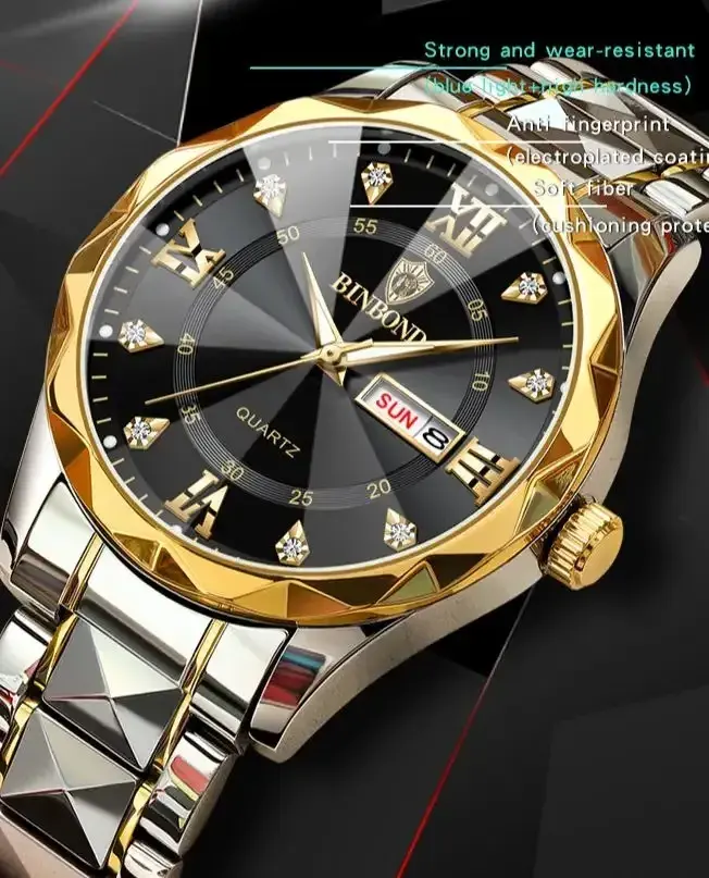 BINBOND 2521, reloj de pulsera dorado de lujo, resistente al agua, fecha luminosa, semana para hombres, relojes de acero inoxidable, reloj de cuarzo para hombre, reloj para hombre