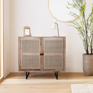 Mueble de Salón Moderno de 35 Pulgadas Hecho a Mano con 2 Puertas de Mimbre, Patas de Hierro Negro y Marco de Madera de Mango Natural Marrón - Product Image 1