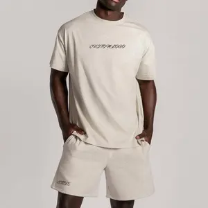 高级白色平纹t恤短款套装2件套男士t恤和短裤套装超大100% 有机棉男士t恤