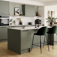 Lemari Dapur Modern Warna Hijau Zaitun dengan Pulau Dapur Kayu Alami, Set Kabinet Panel Datar Matt dengan Lampu LED & Rak Kayu Terbuka
