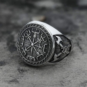 Bague Viking Nordique Serpent Dragon Double Hache <span class=keywords><strong>Boussole</strong></span> Homme Argent Antique Alliage Galvanise Totem Bijoux Grossiste en Gros - Product Image 1
