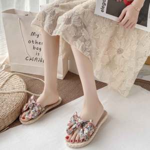Sandalias de Playa Casuales para Mujer, Estilo Espadrille, Color Crema, con Lazo de Tela Floral, Correa <span class=keywords><strong>Transparente</strong></span>, Suela con Textura de Cuerda, Punta Abierta y Plana - Product Image 5
