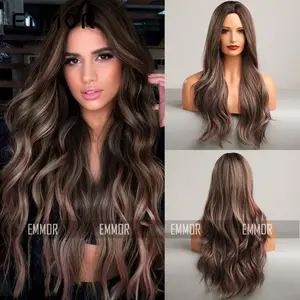 High Quality Luxury Medium Brown Long Wavy Hot Sale Synthetic Hair Wigs For Women