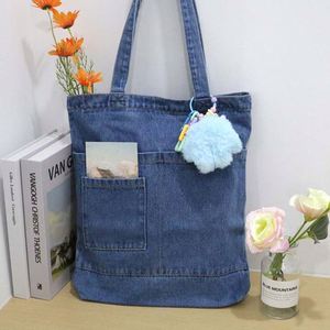 Custom Blue Vintage Denim Jean Tote <b>Bag</b> Large Capacity Student Satchel with Fashionable Logo Printing Canvas <b>Material</b> - Product Image 2