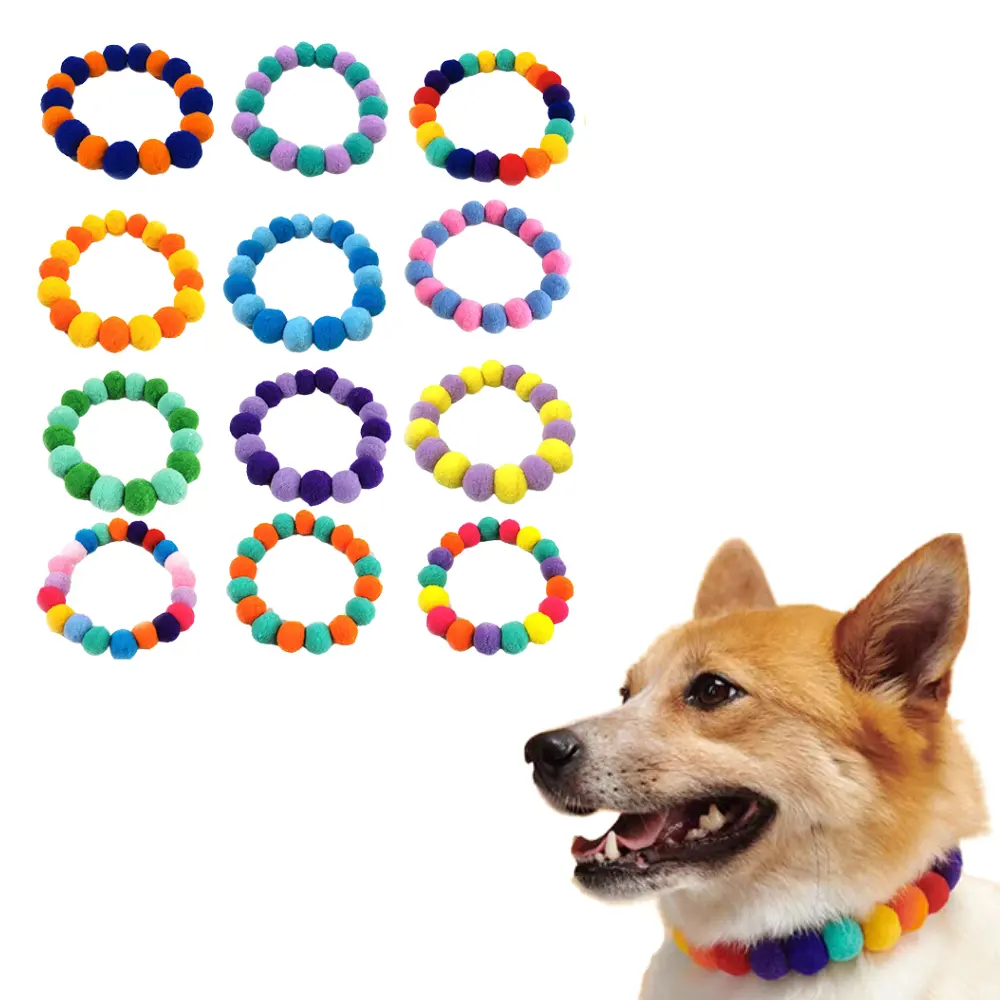 Colorful Pet Pom Pom Collar Plush Ball Cat Necklace Elastic Dog Collars