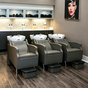 Fauteuil de lavage pour salon de coiffure avec coussin d'assise épaissi, repose-pieds réglable, bac en céramique - Lit de lavage personnalisable en cuir - Product Image 1