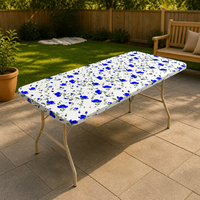 Nappe ajustée en PEVA à imprimé floral bleu, bord élastique, imperméable, jetable, en plastique, pour fêtes, banquets et événements, en gros