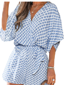 Combinaison en mousseline de soie à imprimé géométrique bleu pour femme, col en V, manches bouffantes, ceinture, coupe ample, décontractée, printemps-été, au-dessus du genou - Product Image 1