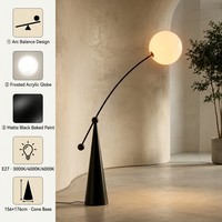 Lampadaire Minimaliste à Bras Inclinable, Abat-jour en Acrylique Givré, Bras Lesté Noir, LED E27 Tricolore, Luminaire sur Pied pour Salon et Hôtel