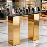 Comptoir de présentation de luxe pour téléphones, en acier inoxydable, mobilier de magasin en bois, vitrine en verre pour téléphones portables