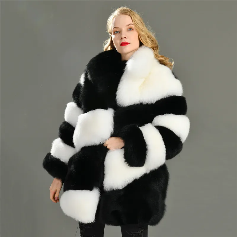 Female Real Fur Coat Women Real Natural Fox Fur Long Coats Overcoat Thick Winter Genuine Fox Fur Turndown Collar Outerwear