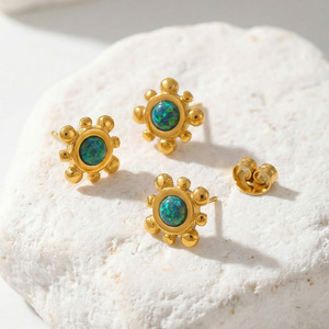 Vintage Beaded Border Synthetic Green <b>Opal</b> Sunflower Stud <b>Earrings</b> - Product Image 3