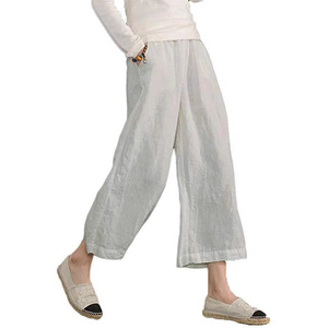 <span class=keywords><strong>Pantaloni</strong></span> Larghi Casual da Donna Stile Europeo-Americano, 100% <span class=keywords><strong>Lino</strong></span> Anti-Pilling, Stampa Digitale, Vita Elastica, Gamba Larga - Product Image 3