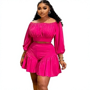 Baddie Summer Solid Breathable Polyester Casual Short <b>Set</b> Off-Shoulder Crop Top Pleated Flare Sweet Women 2-Piece <b>Set</b> - Product Image 1