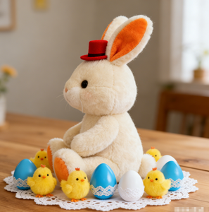 Boneka Kelinci Gaya Vintage Warna Beige dengan Topi Merah, Mainan Hewan Premium Terbuat dari Poliester dan Kapas PP untuk Hadiah dan Dekorasi Liburan - Product Image 3