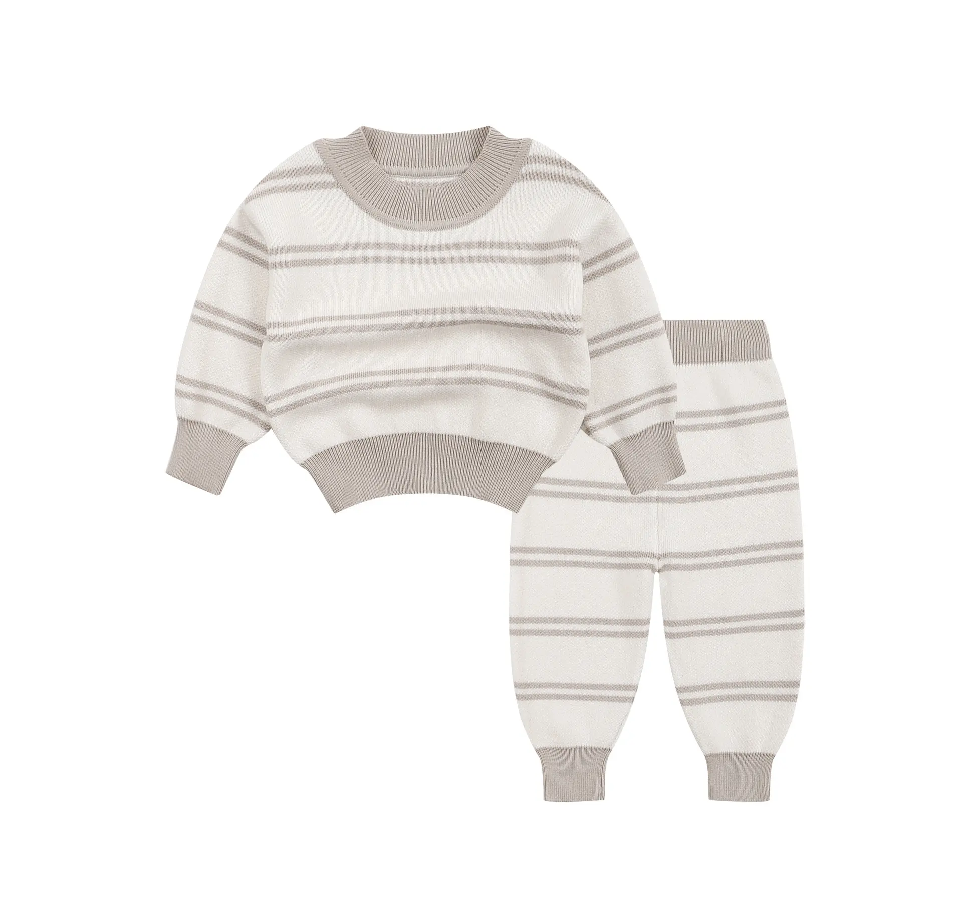 2023 Boho Neutro Knitwear Toddler Meninos Meninas Vestuário Set Cinza Listrado Chunky Baby Knitted Sweater Jumper 2 Peças Conjunto de Roupas