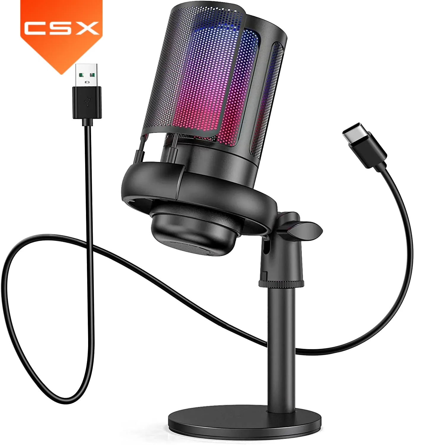 ميكروفون CSX للألعاب USB للكمبيوتر PS5 ، ميكروفون مكثف مع كتم صوت سريع ، مؤشر RGB ، فلتر البوب ، حامل صدمات