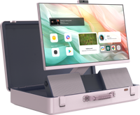 Téléviseur portable tactile 27 pouces Full HD Android 15 8+128 Go avec écran blanc, idéal pour regarder des matchs de football et profiter de la musique, livré en valise.