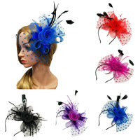 Diskon besar hiasan kepala pesta teh topi Fascinator hiasan kepala pita jala bunga bulu pada ikat kepala dan klip