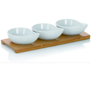 Juego de Platos para Aperitivos, Tazas de Porcelana en Forma de Coma, Bandeja de Bambú 26x10x4.5 Cm, Tazas Blancas en Forma de Coma, Bandeja para Aperitivos - Product Image 1