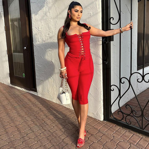 S4A17684A Sexy Completo Due Pezzi da Donna, Tinta Unita Rossa, Top alla Moda - Product Image 1